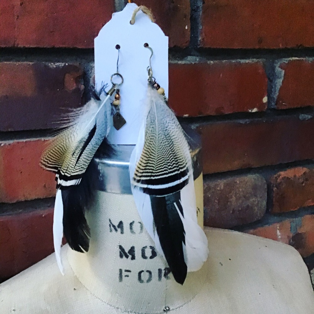 White and Black Feathered Earrings Handmade